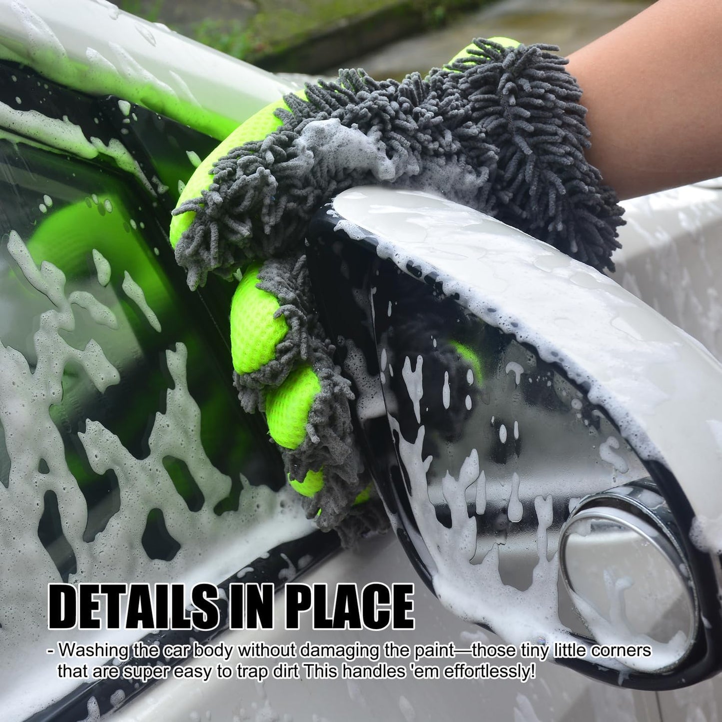 2-Pack Car Wash Mitt,Microfiber Scratch Free Auto Detailing Supplies for Cleaning, Washing Dusting,Thickened 5-Finger Design for Tight Spaces,Breathable Quick-Dry Green