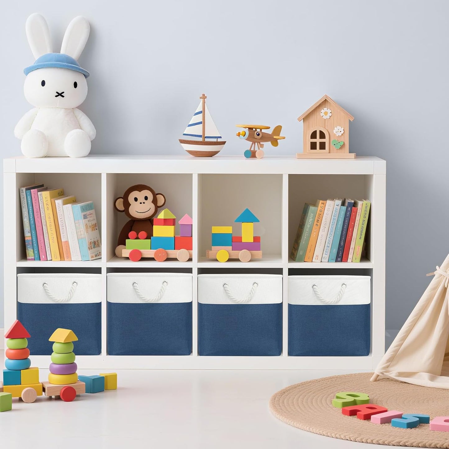 13x13 Inch Cube Storage Bins with Reinforced Bottom Cardboard, 6 Pack Large Collapsible Fabric Storage Cubes with Handles for Shelf, Closet, Toy, Laundry Organization (White&Navy Blue)