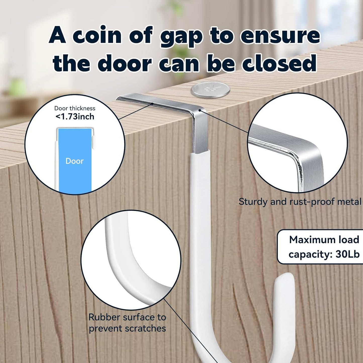 HOOSUN 4 Pack Over The Door Hooks,4.96In Hooks for Hanging Heavy Duty Door Hanger,Towel Hanger Hook Holders,Over Door Hangers Hooks Door Hanger Hooks for Hanging Clothes,Towels,Hats,Coats,Bags (White)