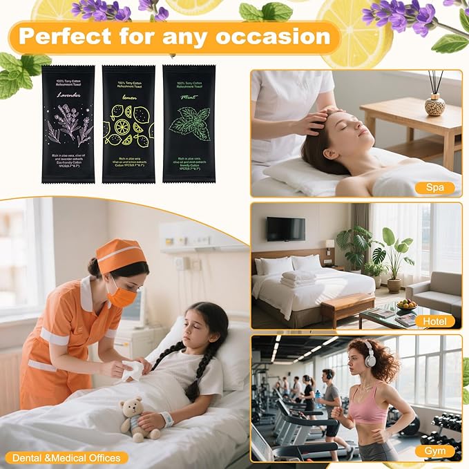 Moist Cotton Towel Bulk Moist Towelettes Individually Wrapped 8.7" x 8.7",White Towel Services,Refreshment Pre Moistened Towels Lavender, Lemon and Mint for Sport Party Spa （pack of 300)