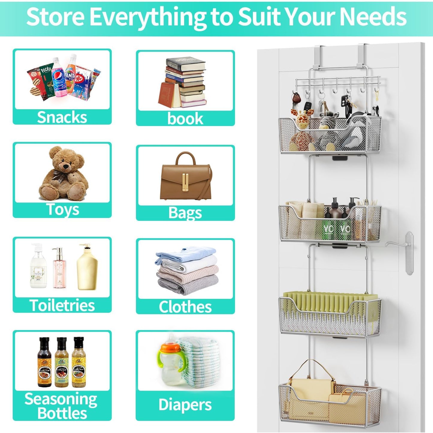 HapiRm Over The Door Organizer - Hanging Door Organizer with 4 Metal Large Capacity Baskets and Adjustable Coat Hook for Bathroom Bedroom Kitchen Pantry Closet Cabinet