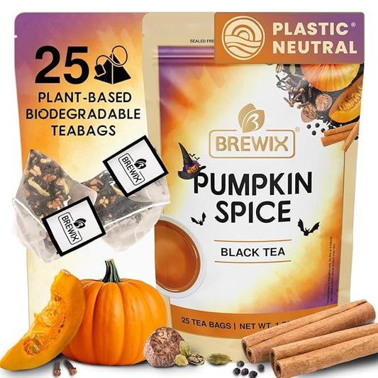 BREWIX, Pumpkin Spice Black Tea Bags (25 Pyramid Bags) | Cozy Fall Blend with Cinnamon, Ginger, Nutmeg & Clove | Caffeinated, Warm & Aromatic | Perfect for Autumn & Halloween