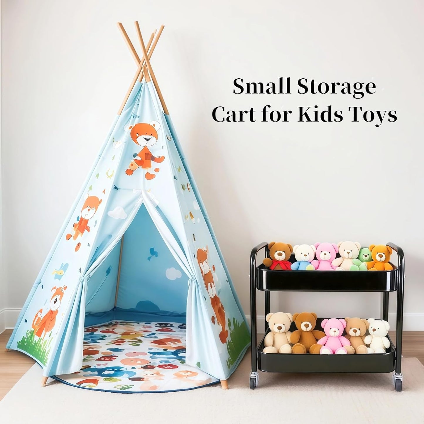 2 Tier Rolling Cart with Wheels for Under Desk Storage & Pantry Storage, Large Capacity Laundry Room & Makeup Organizer, Sturdy Kitchen Utility Cart for Small Space with 4 Hooks, Black