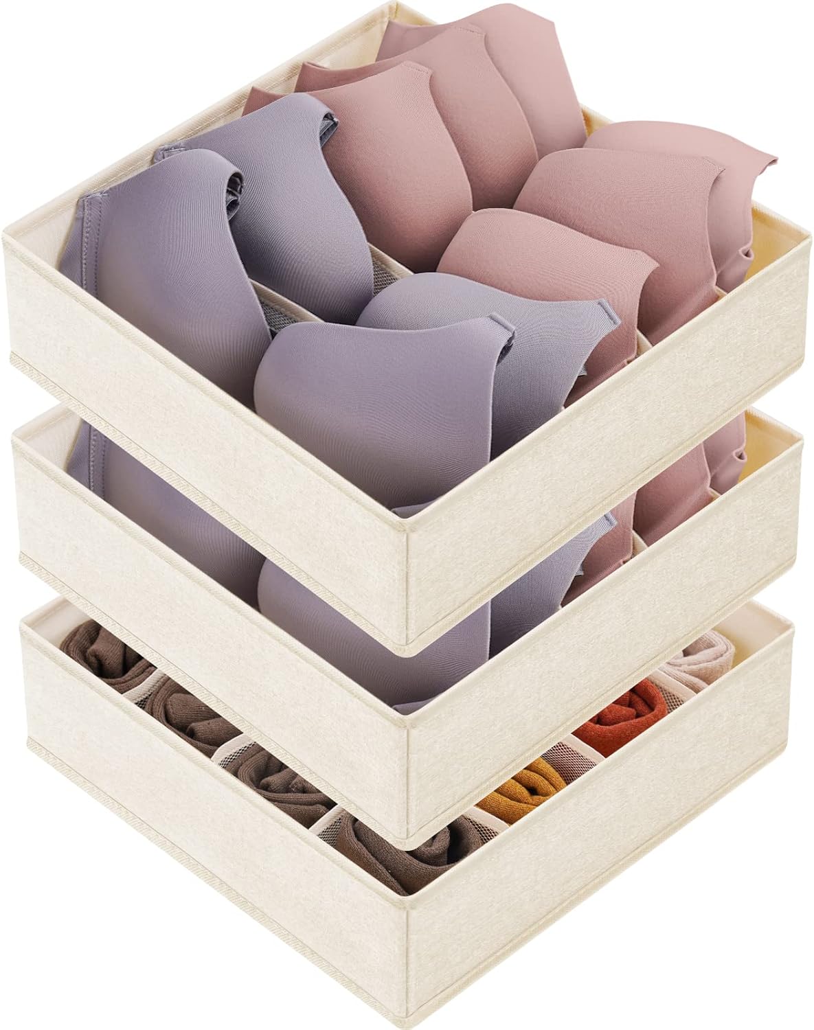 3 Pack Bra Underwear Drawer Organizer Dividers, 26 Cell Fabric Foldable Dresser Closet Organizers and Storage Boxes for Baby Clothes, Bra, Socks, Underwear, Ties (5+5+16 Slots, Beige)