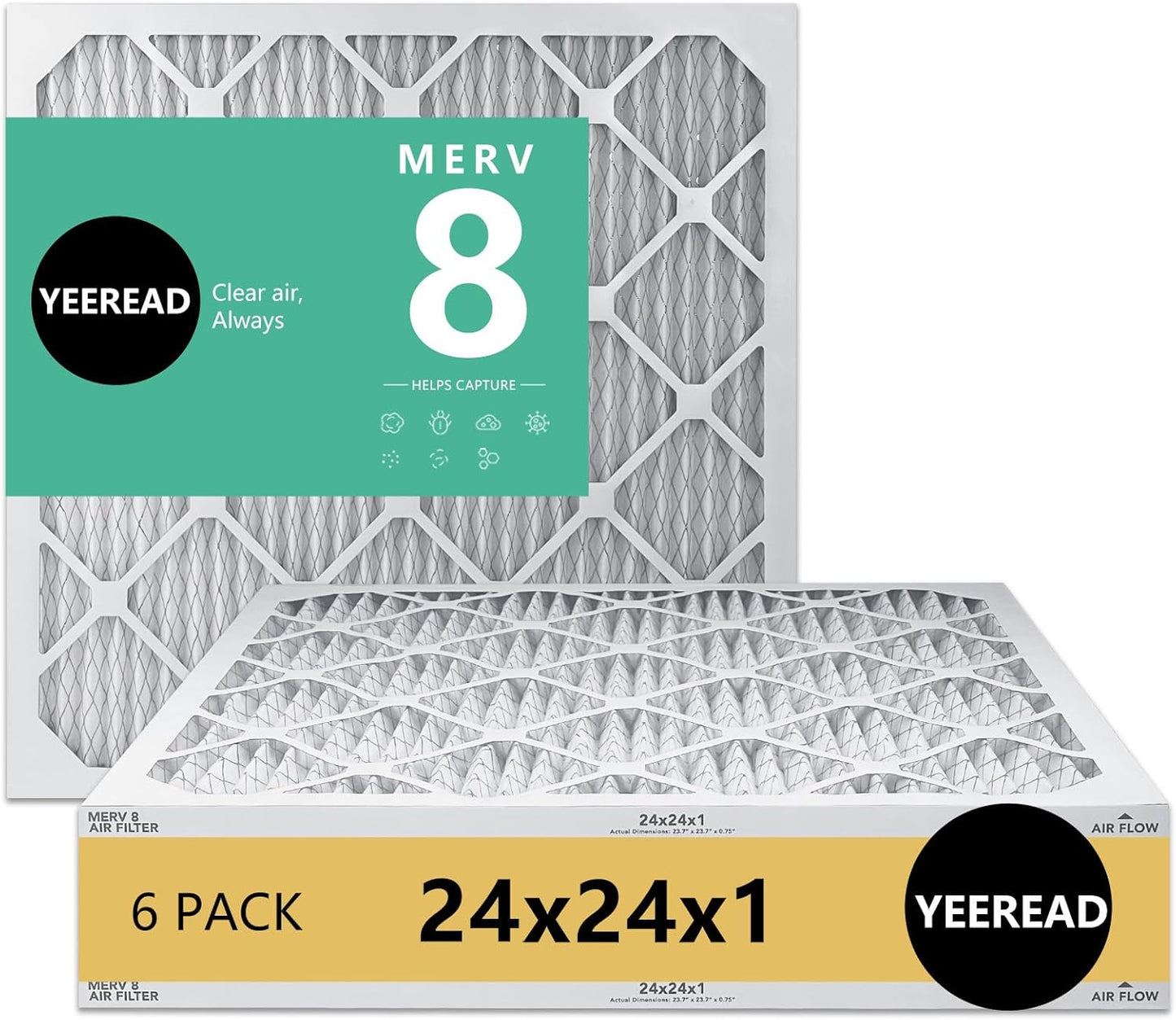 24x24x1 MERV 8 Air Filters 6-Pack, Actual Size 23.7" x 23.7" x 0.75" – Compatible with HVAC, Air Conditioners & Furnaces– High Particle Capture & Smooth Airflow