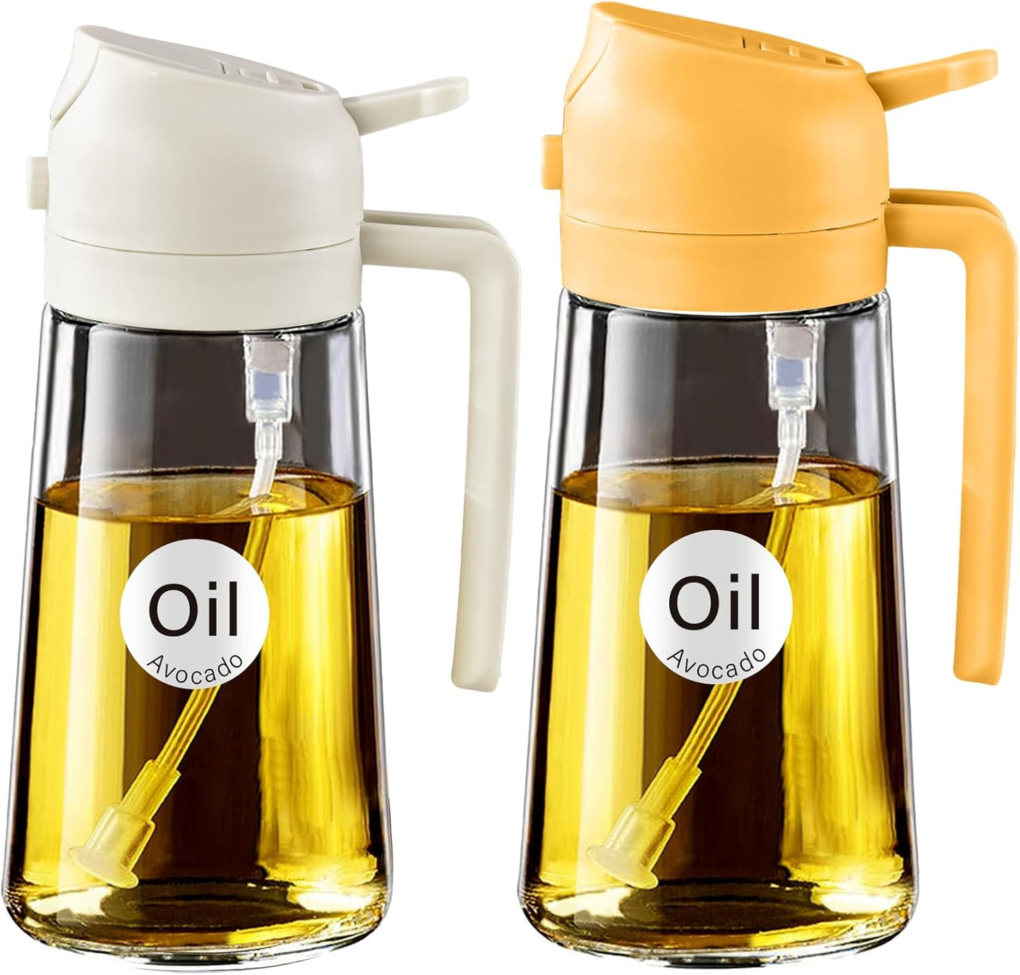 YARRAMATE 2Pcs 16oz/470ml 2 in 1 Oil Sprayer for Cooking with Stickers, Food-grade Glass Oil Spray Bottle, Oil Dispenser and Oil Sprayer for Kitchen, Salad, Frying, BBQ (White & Orange)