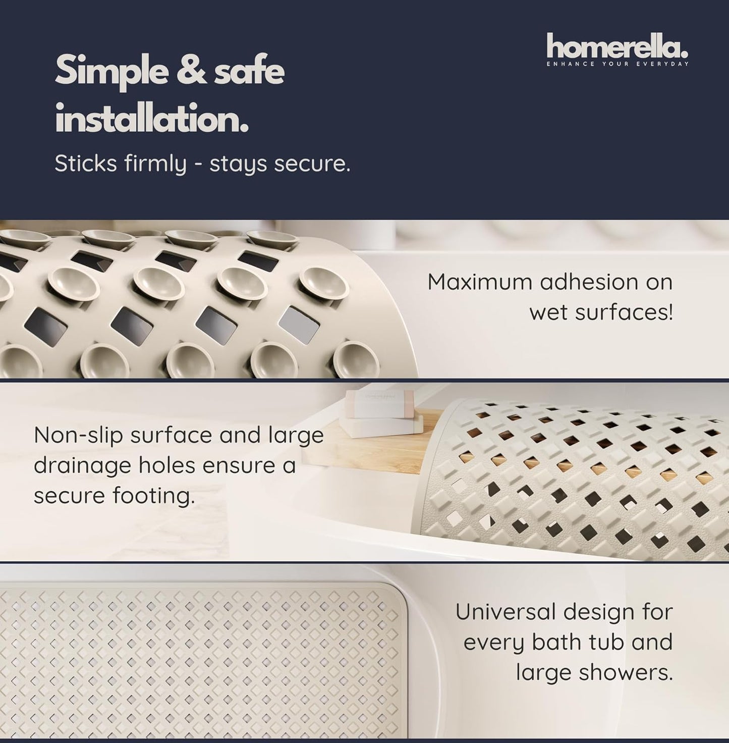 homerella® Bathtub Mat Non Slip 35x16, Incl. Hooks for Drying, Extra Long, 100% BPA Free, Shower Mat Non Slip Anti Mold, Machine Washable, Shower Mats for Inside Shower Mildew Resistant