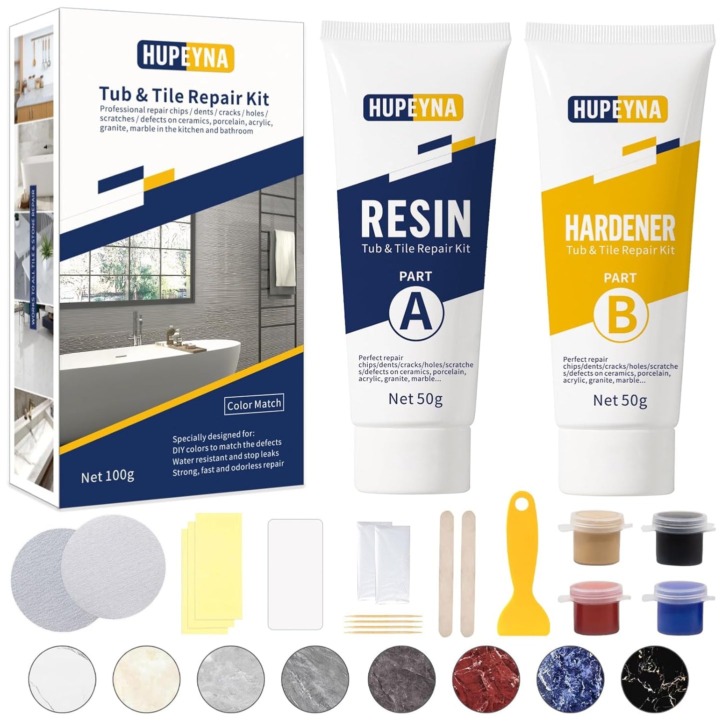 Tub, Tile and Shower Repair Kit (Color Match), Hupeyna Porcelain Repair Kit, Bathtub Repair Kit for Chips Dents Cracks Holes Scratchs, etc. Fiberglass Repair Set - Offer More Color Options