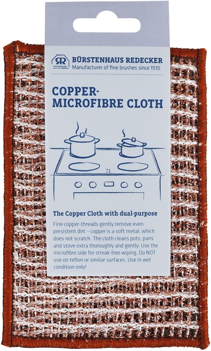 Redecker 2-Ply Woven Copper Scrubbing Cloth & Microfiber Cleaning Wipe – Dual-Surface, Non-Scratch, Reusable & Machine Washable Real Copper Pad for Kitchen & Home