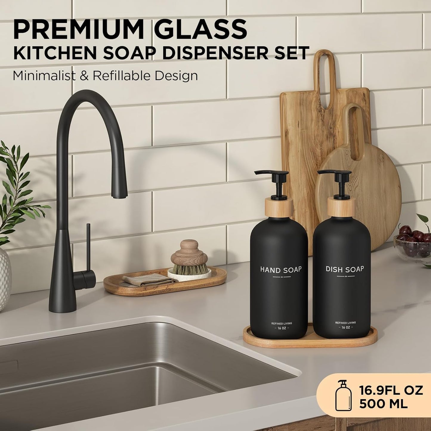 Hand and Dish Soap Dispenser Set,16oz Glass Bottles with Printed Labels, Bamboo Tray & Pump,Countertop Soap Dispensers for Kitchen,Luxury, Minimalist & Farmhouse Decor (Hand Dish (Black))