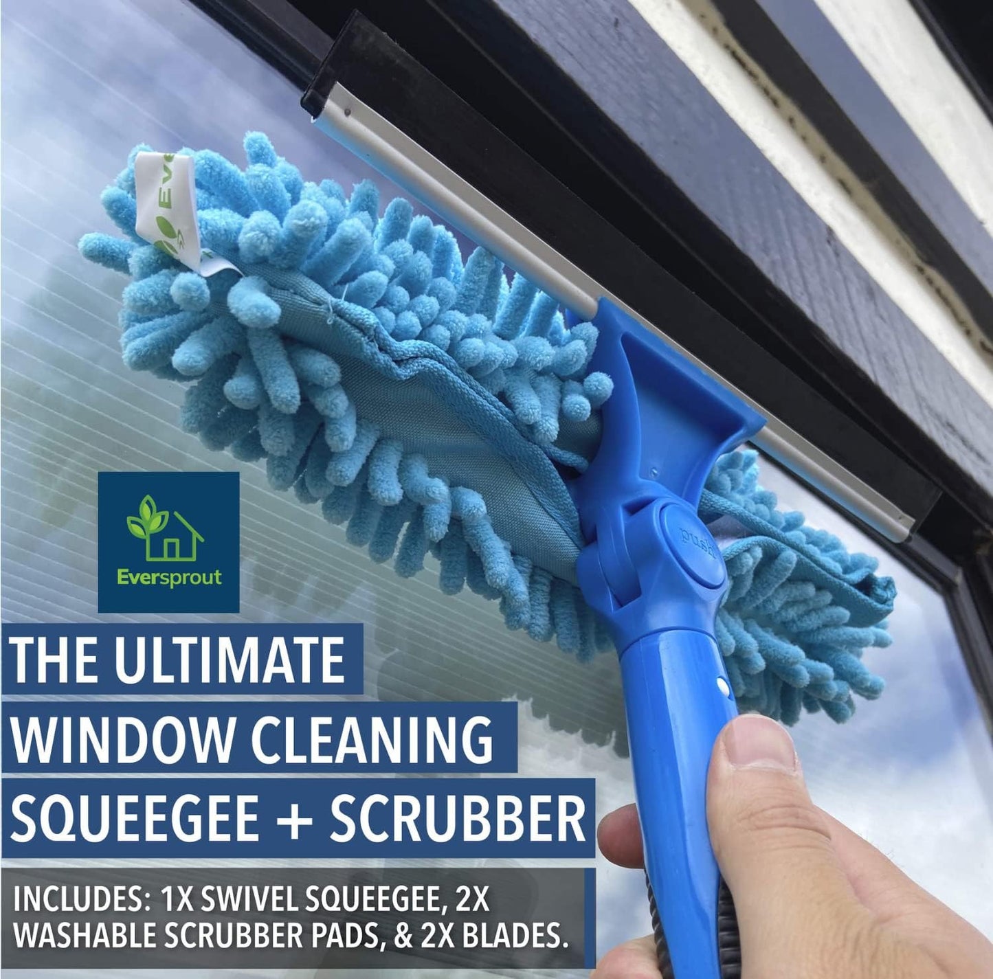 EVERSPROUT 1.5-to-3 Foot Swivel Squeegee and Microfiber Window Scrubber (8-10 Ft Standing Reach) | 2-in-1 Window & Glass Cleaning Combo | Lightweight, Aluminum Extension Pole | Includes 10-inch Blades