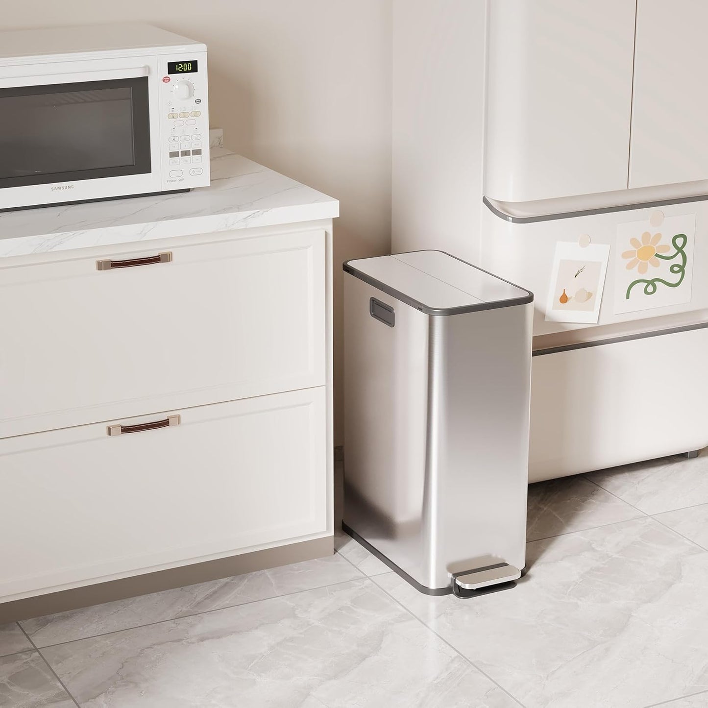 15-Gallon Dual Trash Can, Step-On Pedal Kitchen Trash Bin with Butterfly Lid, Odor-Proof Stainless Steel Large Trash Recycle Bin Combo with Removable Inner Buckets (2 x 28L) - Silver