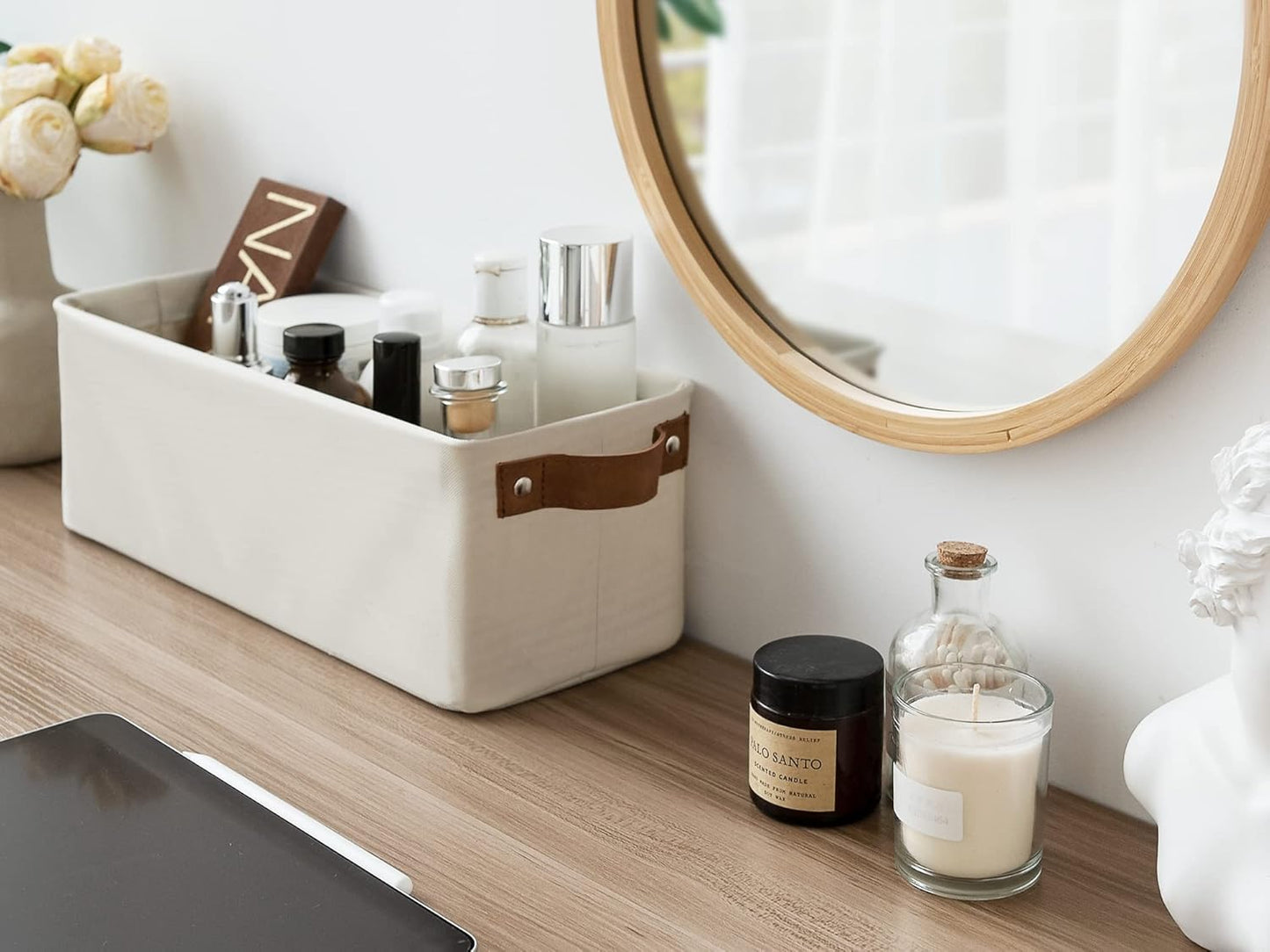 StorageWorks Narrow Storage Bins, Small Basket for Closet and Shelves, Fabric Organizer with Handles, Toilet Paper Storage, Beige, 2-Pack