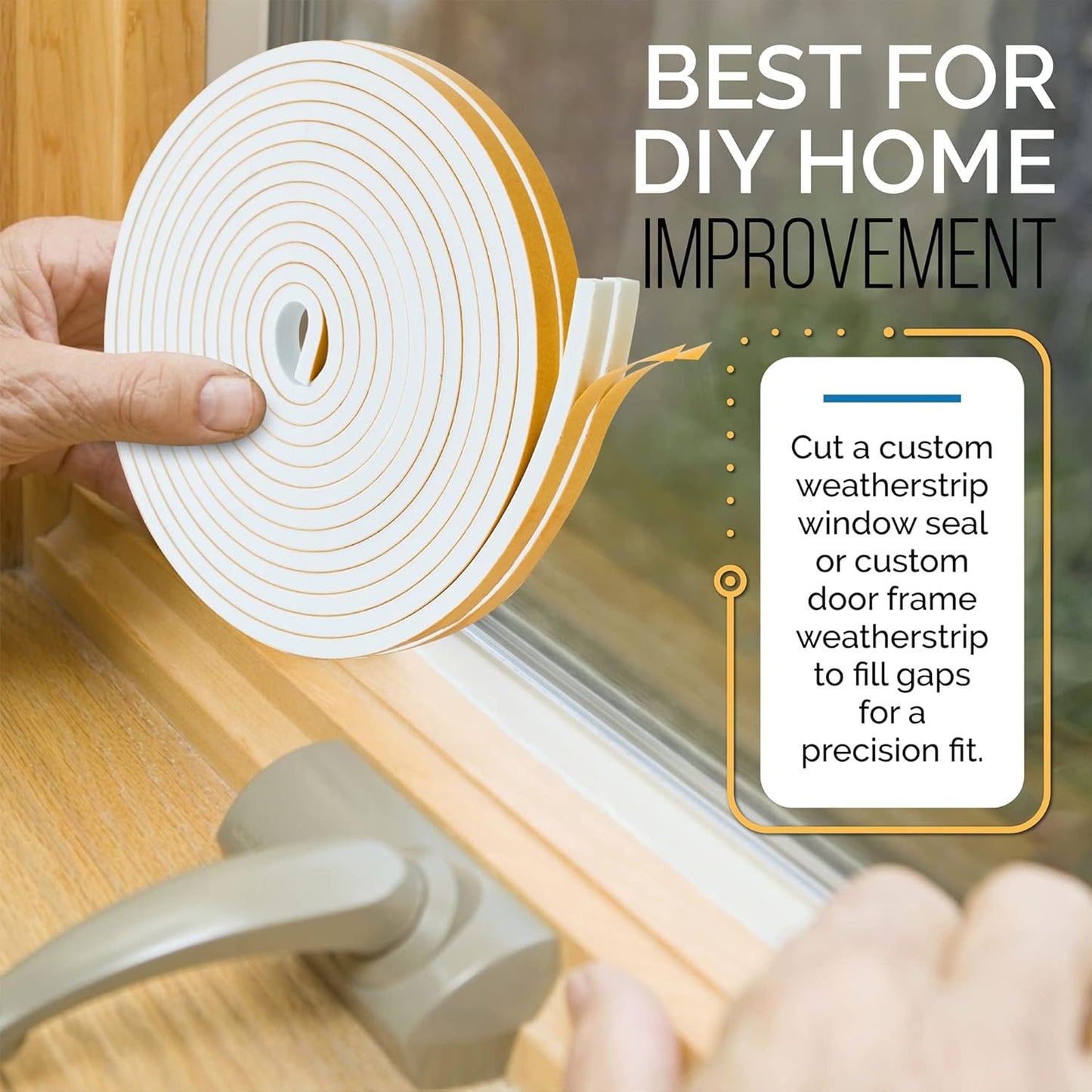 High Density Foam Weather Stripping Door Seal Strip Insulation Tape Roll for Insulating Door Frame, Window, Air Conditioner | Self Adhesive Sealing Weatherstrip (White, 1/4 in 1/8 in 50 Ft)