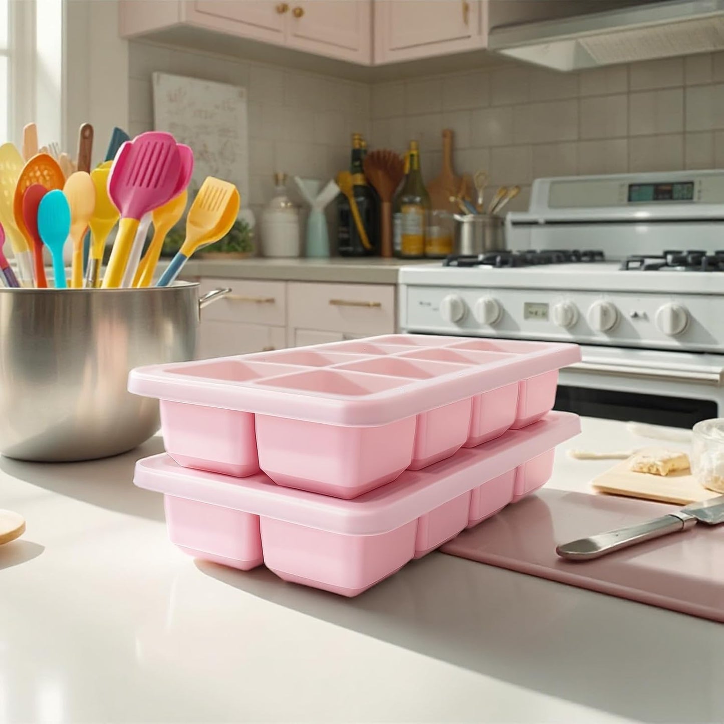 2 Pack Silicone 2 Inch Large Ice Cube Molds for Cocktails Wine Fruit and Bourbon Whiskey Easy Release Ice Cube Tray with Lid Ideal for Cold Drinks and Entertaining Gatherings (Strawberry Pink)