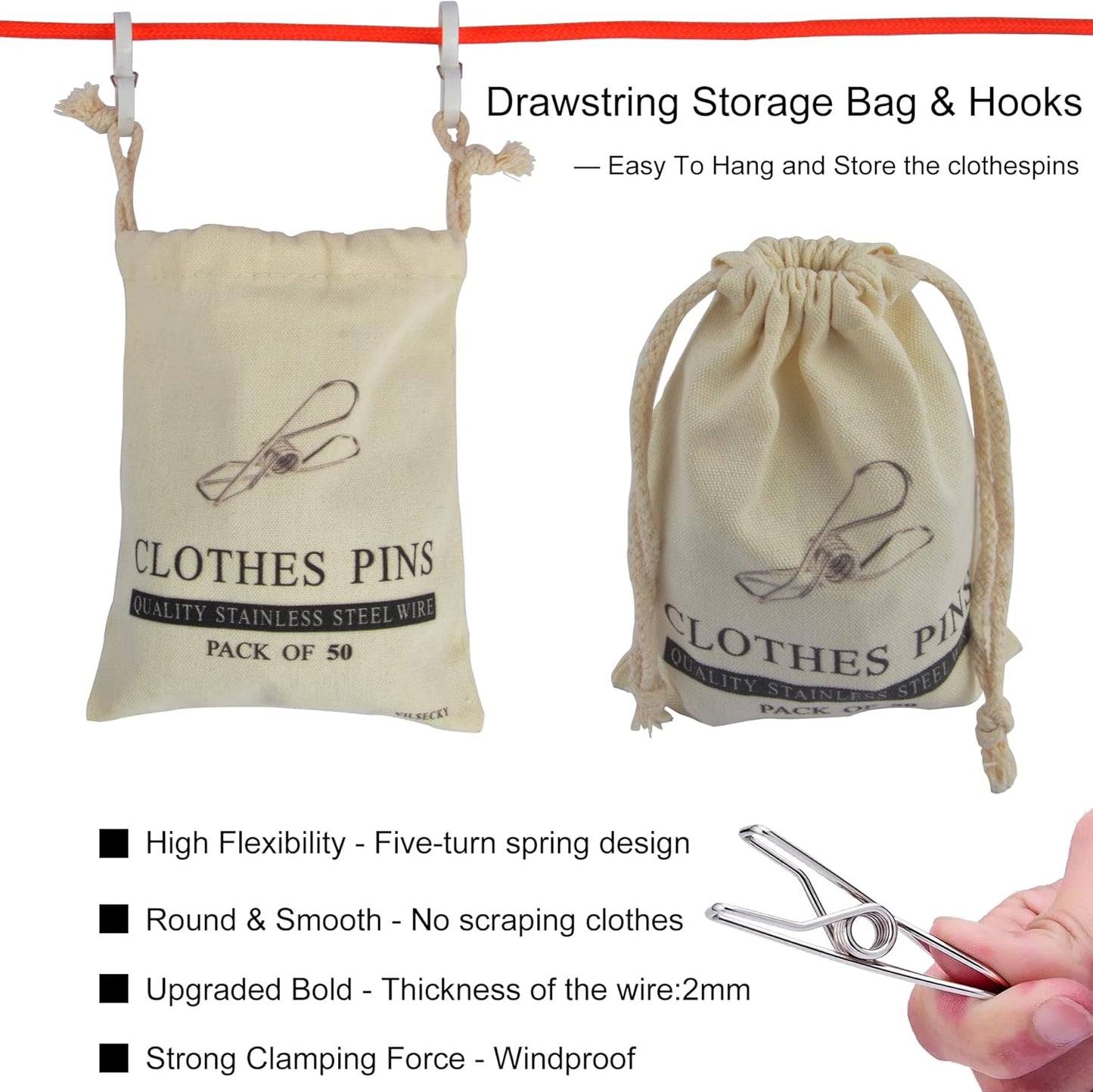 100 Pcs Clothespins Laundry Chip Clips - Durable Stainless Steel Clothes Pins,Heavy Duty Clamp Metal Wire Clothes Pegs with One Storage Bag & 2 Hooks,for Outdoor Clothesline Home Kitchen Office