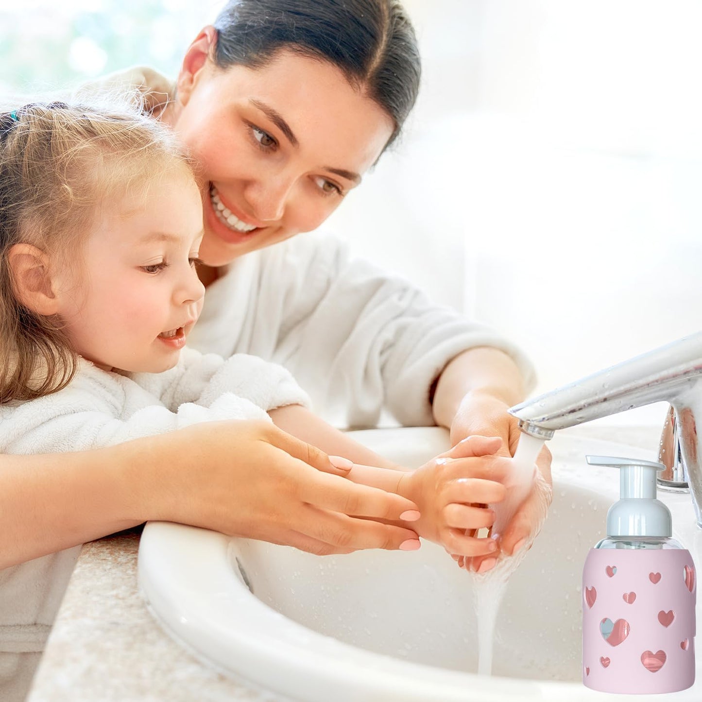 SoCal Suds & Company Glass Foaming Hand Soap Dispenser, Heart Silicone Sleeve, Refillable Pump Bottle for Kids, Baby Wash & Shampoo, Ideal for Home Use, Soft Pink 8oz