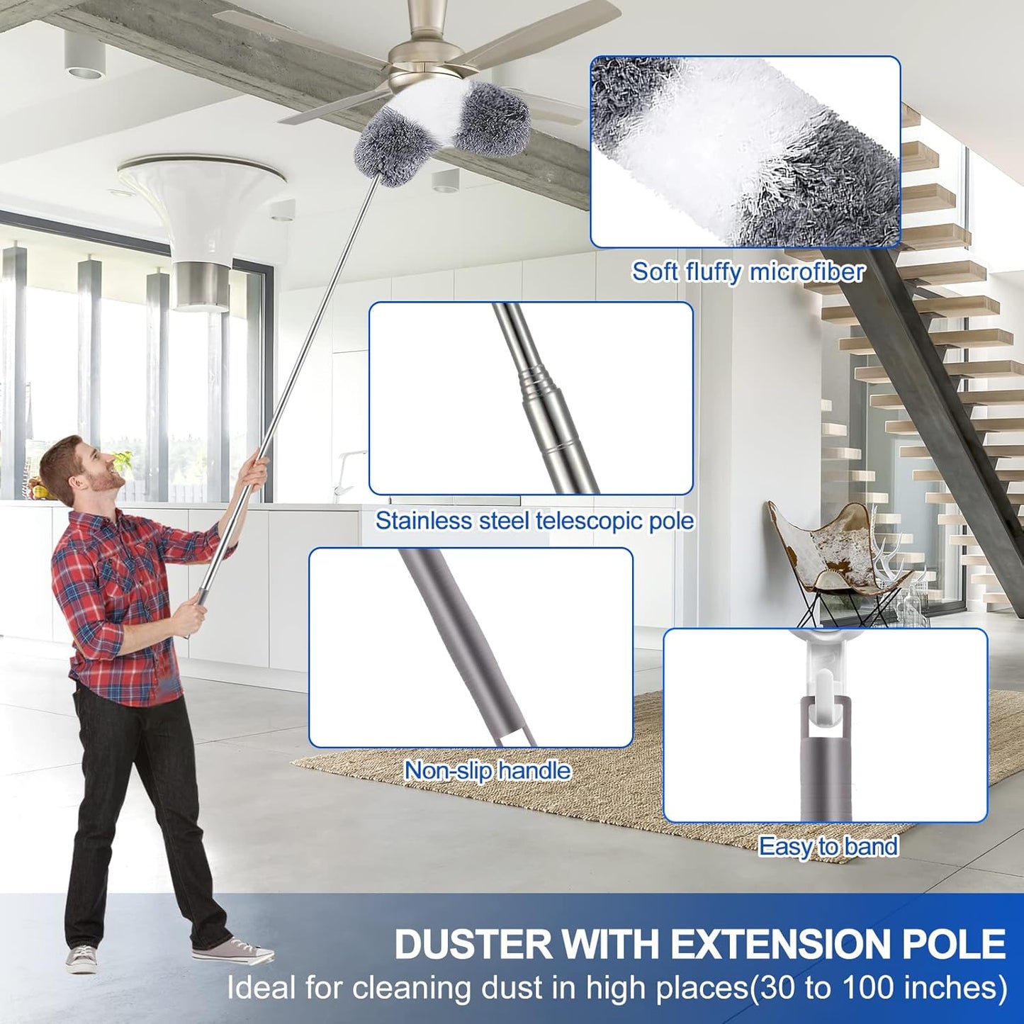 Microfiber Duster Kit (11PCS) - Washable Dusters with Extension Pole (30 to 100 in) for Cleaning Ceilings, Fans, Furniture