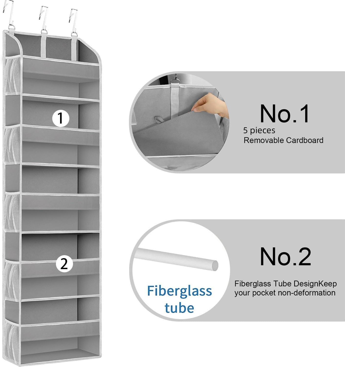 2 Pack Over The Door Storage Organizer with 5 Pockets 10 Mesh Side Pockets, 44 lbs Weight Capacity Door Hanging Organizers and Storage for Bedroom,Bathroom,Nursery,Pantry,Dorm(Light Gray)