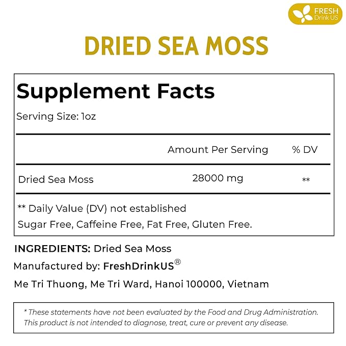 FRESHDRINKUS, Premium - Natural Sea Moss, Make 42oz of Gel, Goldne Raw Sea Moss Dried, 100% Natural & Pure, Wildcrafted, Sundried, Caffeine Free, Sugar Free, Gluten Free, Vegan, Mineral Rich