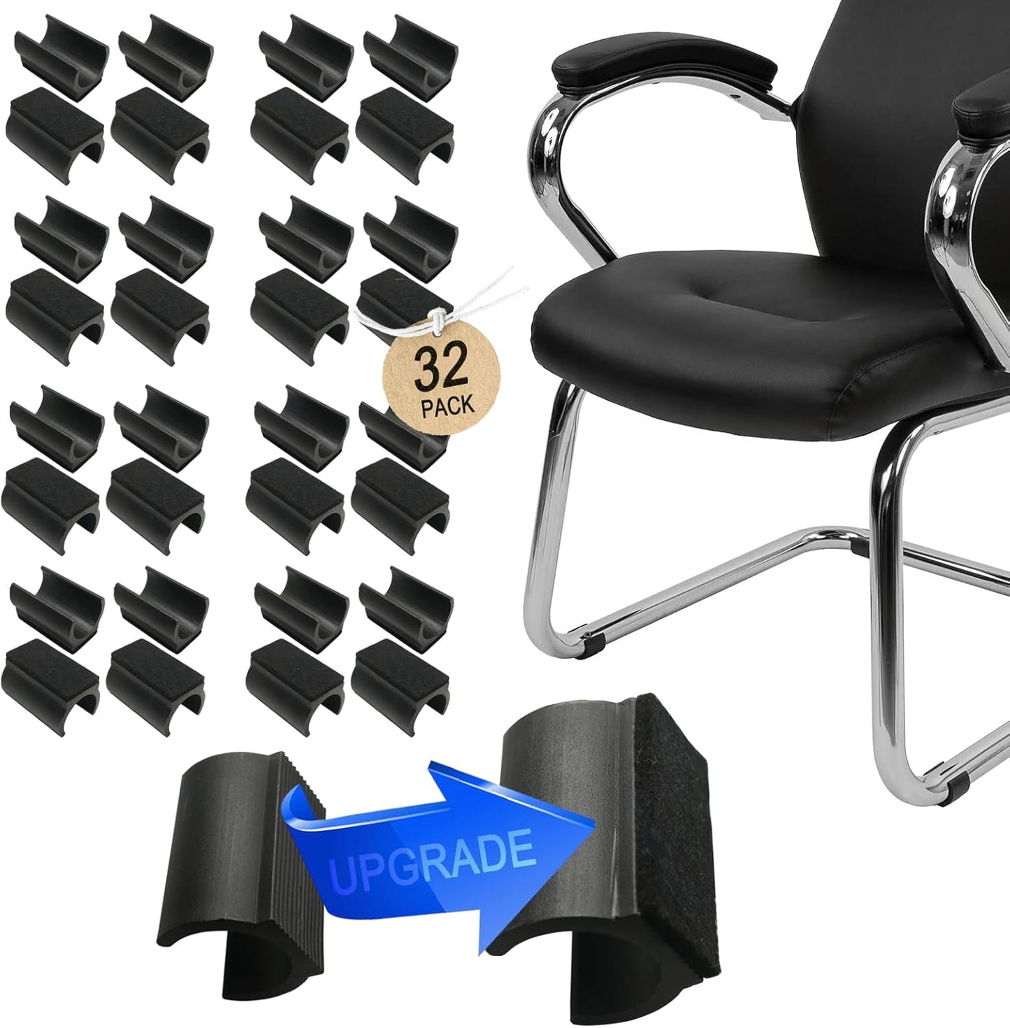 Rectangle U Shaped Chair Leg Tips Cap with Felt Pads,Furniture Feet Protector Slide Smoothly Glides,Protect Hardwood Floor No Scratches No Noise,Fit 19mm(3/4inch) Diameter Tubular Legs (Black 32PCS)