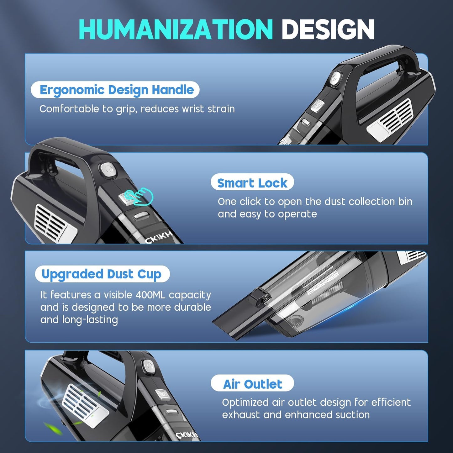 Handheld Vacuum Cordless, 15000PA Strong Suction Hand Held Car Vacuum Cleaner Portable with Multi-Nozzles & Washable Filter, Lightweight Dust Busters Rechargeable for Home, Car, Office, Pets