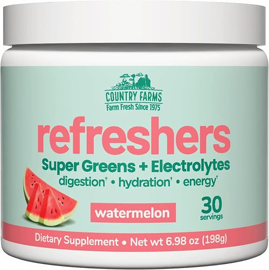 COUNTRY FARMS Refreshers, Super Greens and Electrolytes, Essential Minerals and Superfoods, Hydration Support, Promotes Natural Energy, with Fiber, Watermelon, 30 Servings