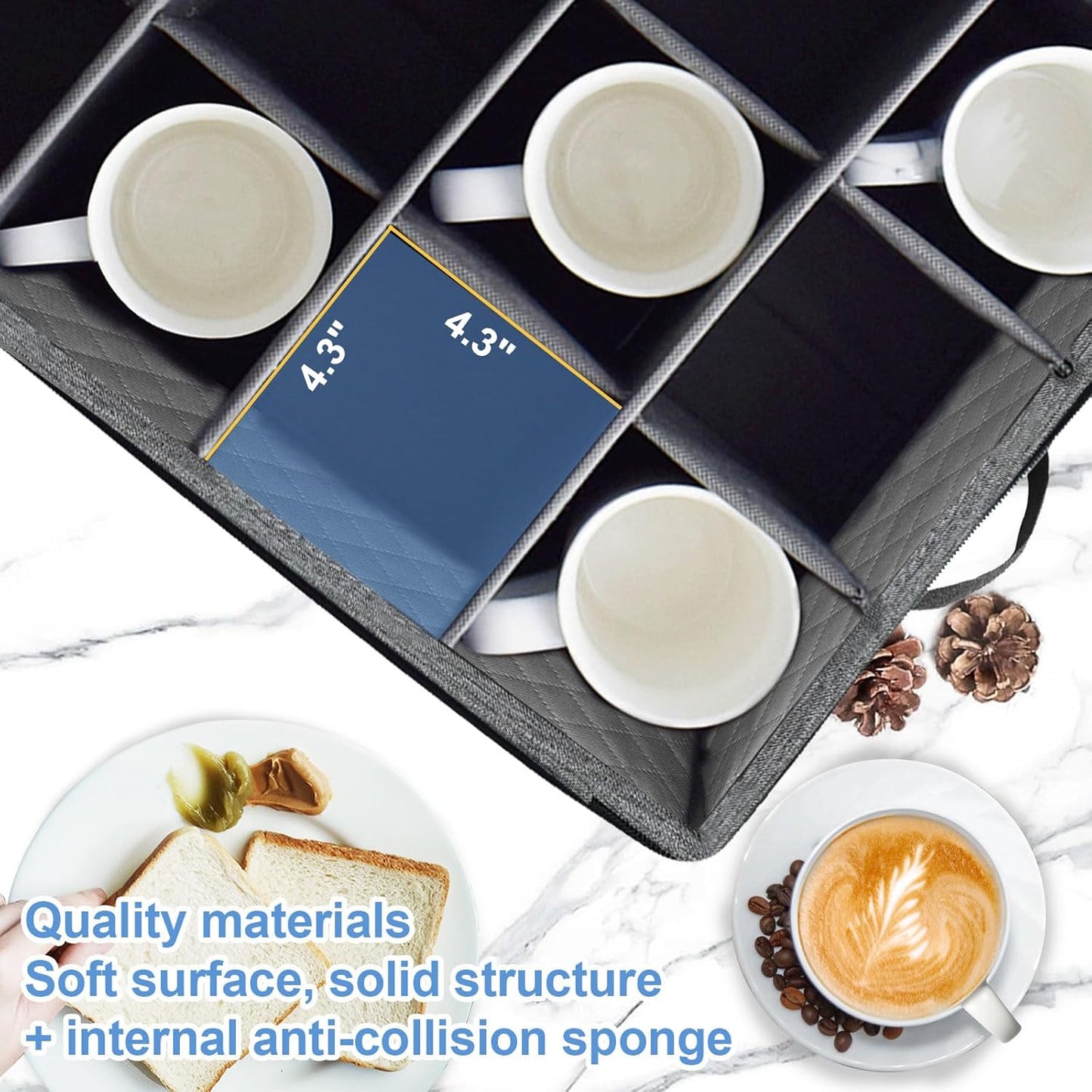 homyfort Mug Coffee Storage Box with Dividers - Stackable Glass China Storage Containers Hard Shell with Lid, Label and Handles, Holds 12 Coffee Mugs and Tea Cups (Dark Grey)