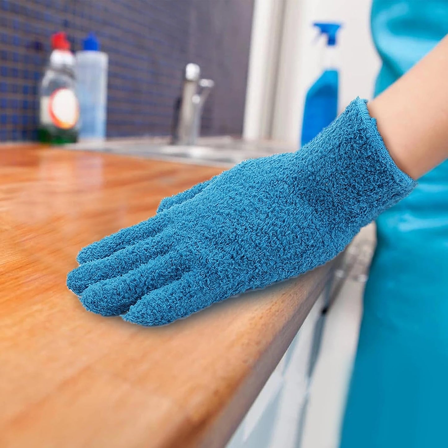 Grevosea 2 Pairs Microfiber Gloves - Household Cleaning, Plant Dusting, Washable Reusable Mittens for Plants, Cars, Blinds, Furniture and Small Objects (Sky Blue, Blue)