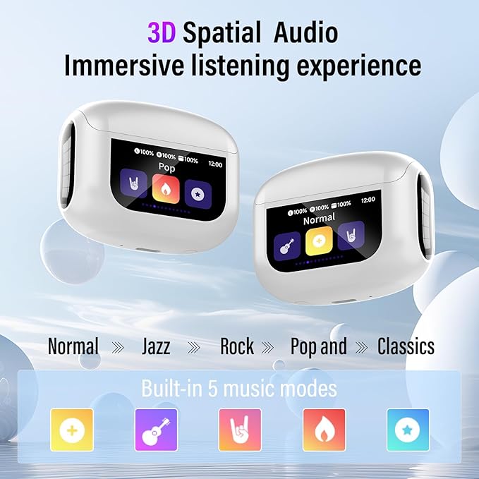 Wireless Earbuds, Bluetooth 5.4 Headphones with Multifunctional Touch Screen, 48H Bass Stereo Ear Buds with ANC/ENC Noise Cancelling/Transparency Mode, IPX7 Earphones with 5 EQ Modes, White