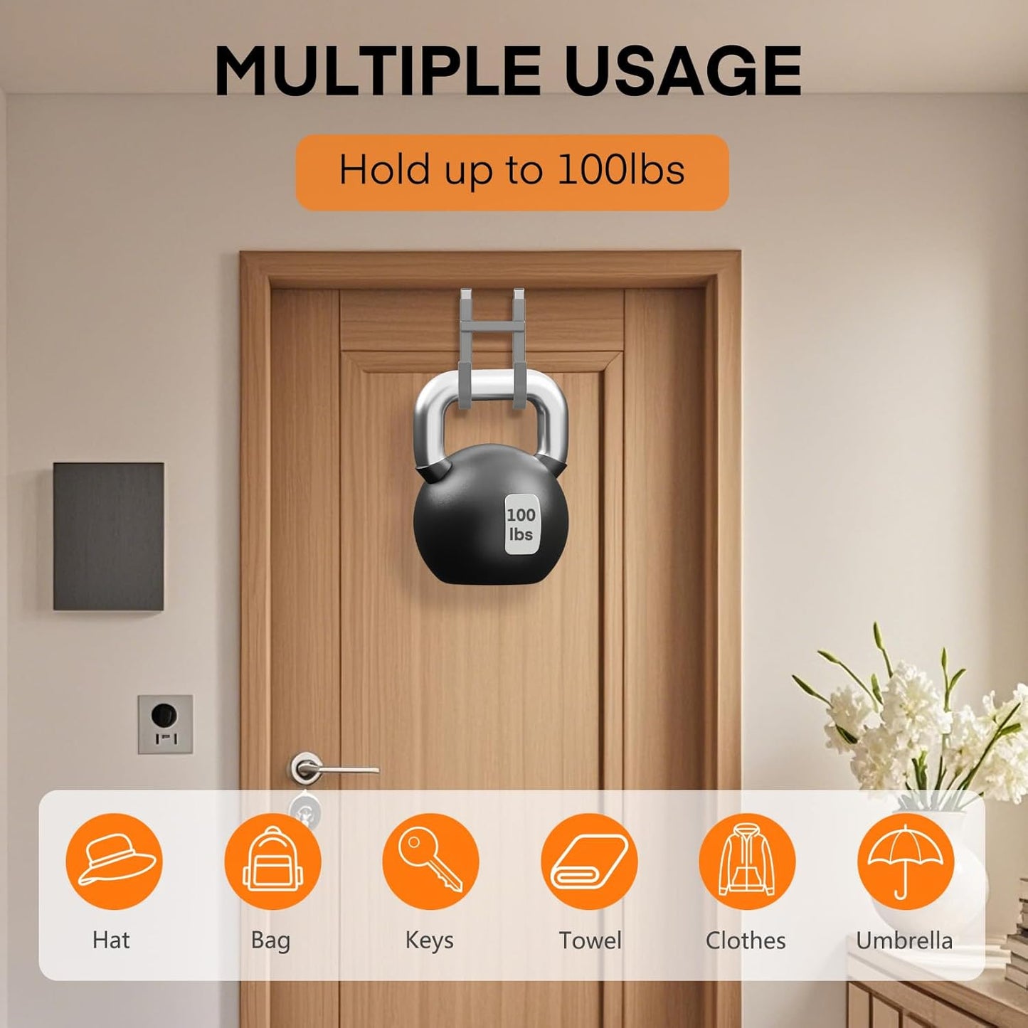 FYY Over The Door Hooks - 4 Pack Heavy Duty Dual-Hook Organizer Hanger with Non-Slip Rubber for Towels, Clothes, Hats & Bags Use in Bathroom, Bedroom, Kitchen - Fits Interior Doors Up to 1 3/8" Grey