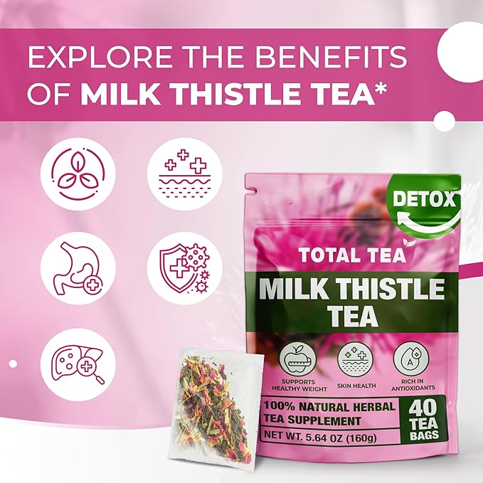 Total Tea 100% Natural Milk Thistle Seeds Tea for Liver Cleanse, Detox, Digestive Health and Immune System Support - 40 Count