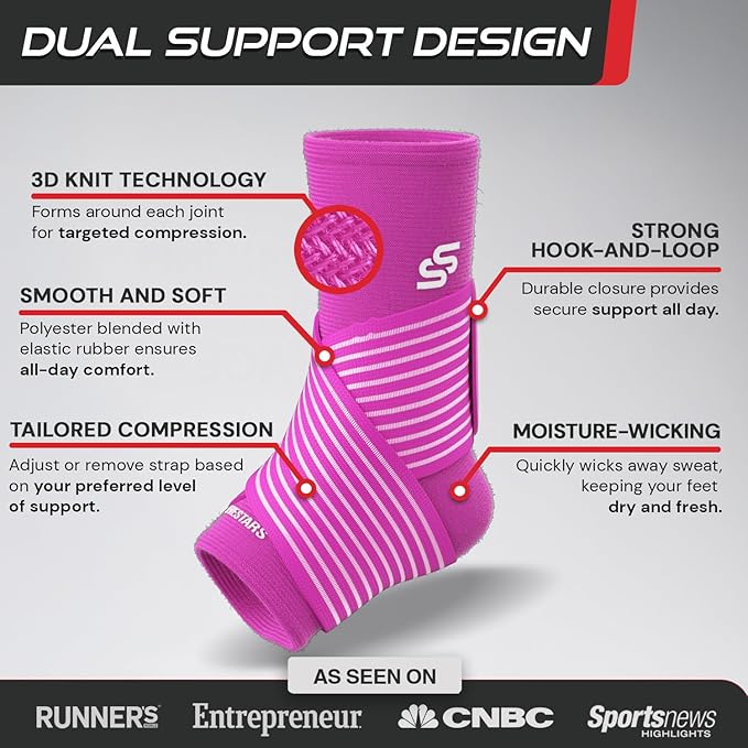 Sleeve Stars Ankle Brace for Women & Men, Ankle Wrap for Sprain, Compression Sleeve for Plantar Fasciitis Relief, Easy Customizable Support: w/ Removable Strap (Pair/M:10"-12"/Hot Pink)