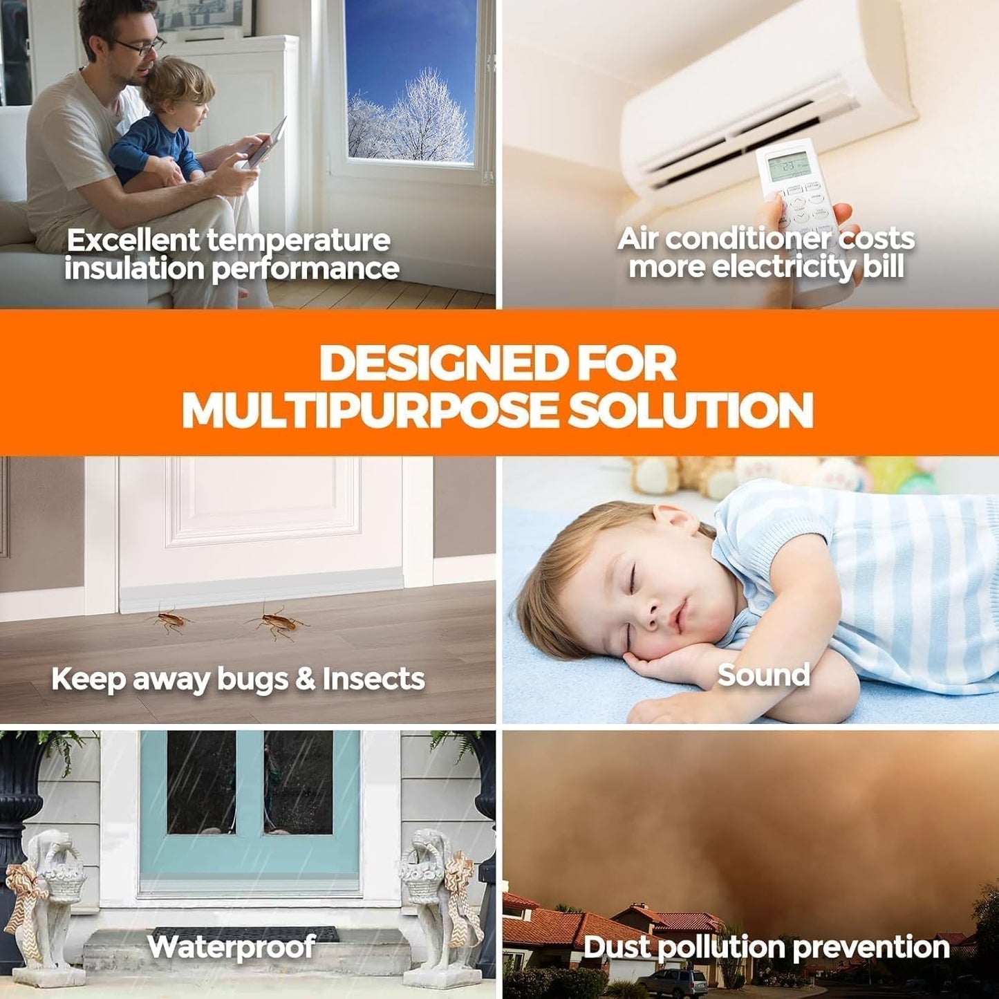 Holikme Weather Stripping 41 inch Door Draft Stopper Under Door Draft Blocker Doors Sweep Noise Stopper Strong Adhesive Transparent