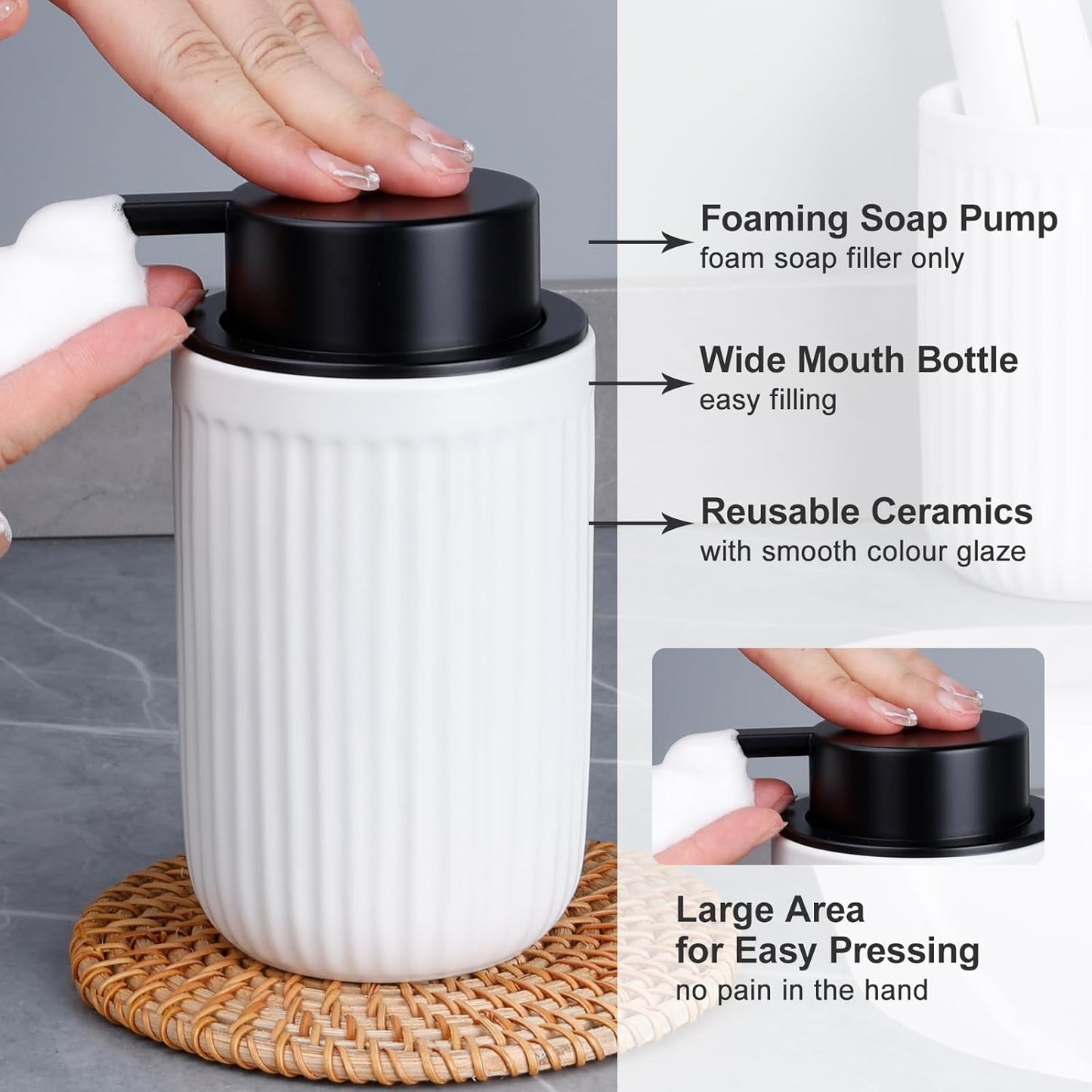 BosilunLife Foam Hand Soap Dispenser - White Ceramic Foaming Soap Dispenser for Bathroom 12oz Refillable Liquid Lotion Soap Dispenser with Rust-Proof foaming Pump for Countertop
