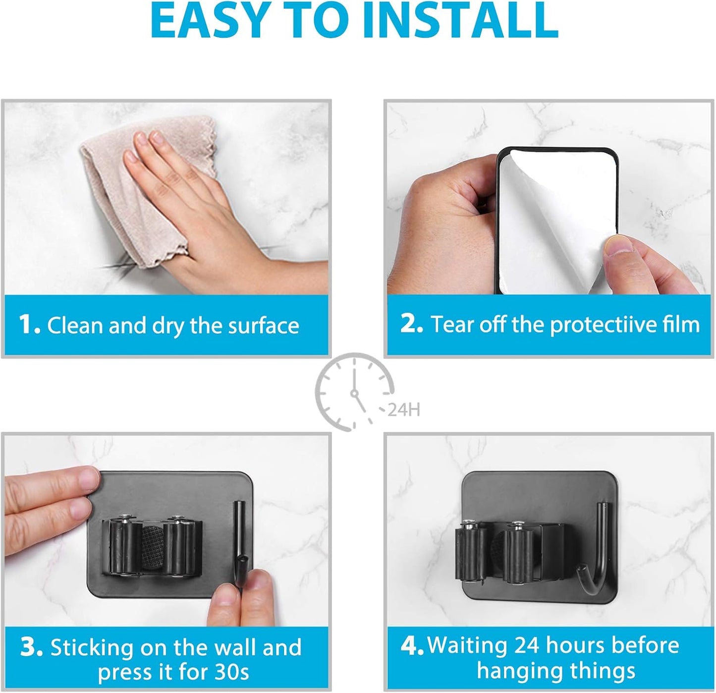 Mop Broom Holder No Drill, Mop Broom Organizer Wall Mounted Heavy Duty with Hooks Hanger, Self Adhesive Stainless Steel 4Pcs for Bathroom, Kitchen, Office (Black)