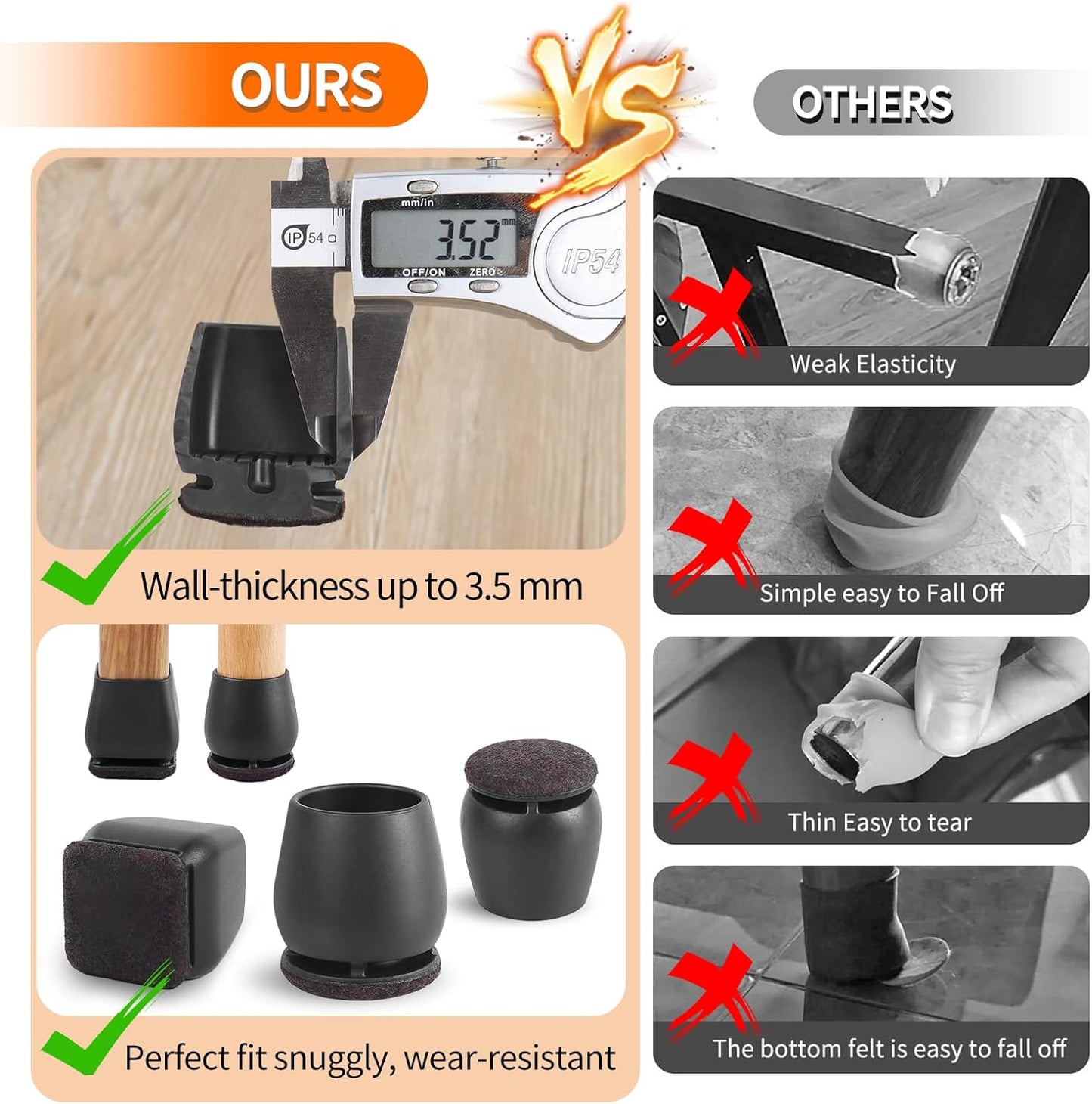 Ezprotekt 24 Pcs Round Silicone Chair Leg Floor Protectors for Wood Floors, Felt Furniture Pads Caps, Bar Stool Leg Floor Protectors Covers for Dining Table Chair (L Fit 1.1"-1.3", Black)