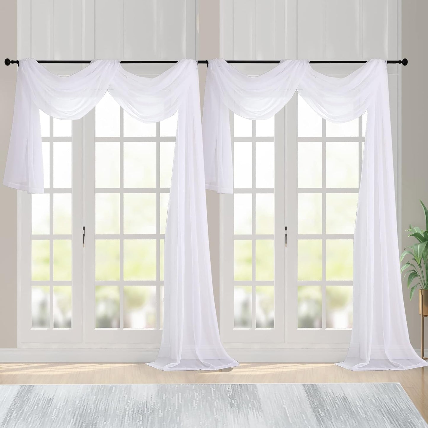 Chyhomenyc Extra Long White Sheer Curtains 144 inch 2 Panels, Translucent Backdrop Window Scarf Drapes for Canopy Bed/Wedding/Living Room/Anniversary, 12FT Length, Each 59Wx144L in, 2PCS