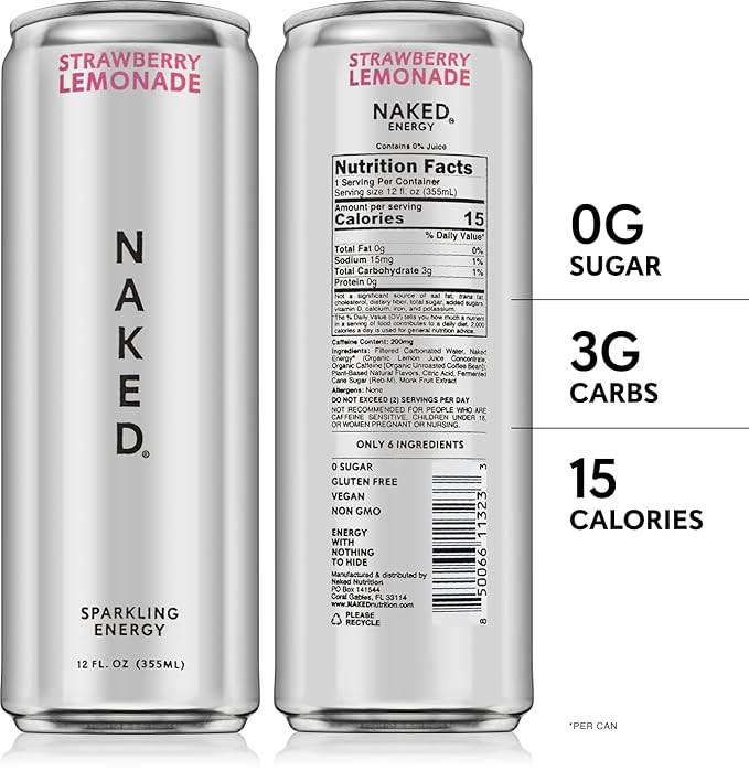 Naked Sparkling Energy Drink - Strawberry Lemonade, Organic Caffeine, Organic Lemon Juice, Zero Sugar, No Sucralose, Naturally Sweetened, Natural Energy Drinks, Vegan, Gluten-Free, Non-GMO - 12oz Cans (Pack of 12)