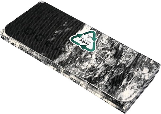 Oceanfoam Travel Workout Mat – 0.3" Thick Folding Exercise Mat for Yoga, Pilates, & Fitness – Non-Slip with Cotton Carrying Strap, Made with Sustainable Algae Foam – 24" x 72" (Black Marbled)