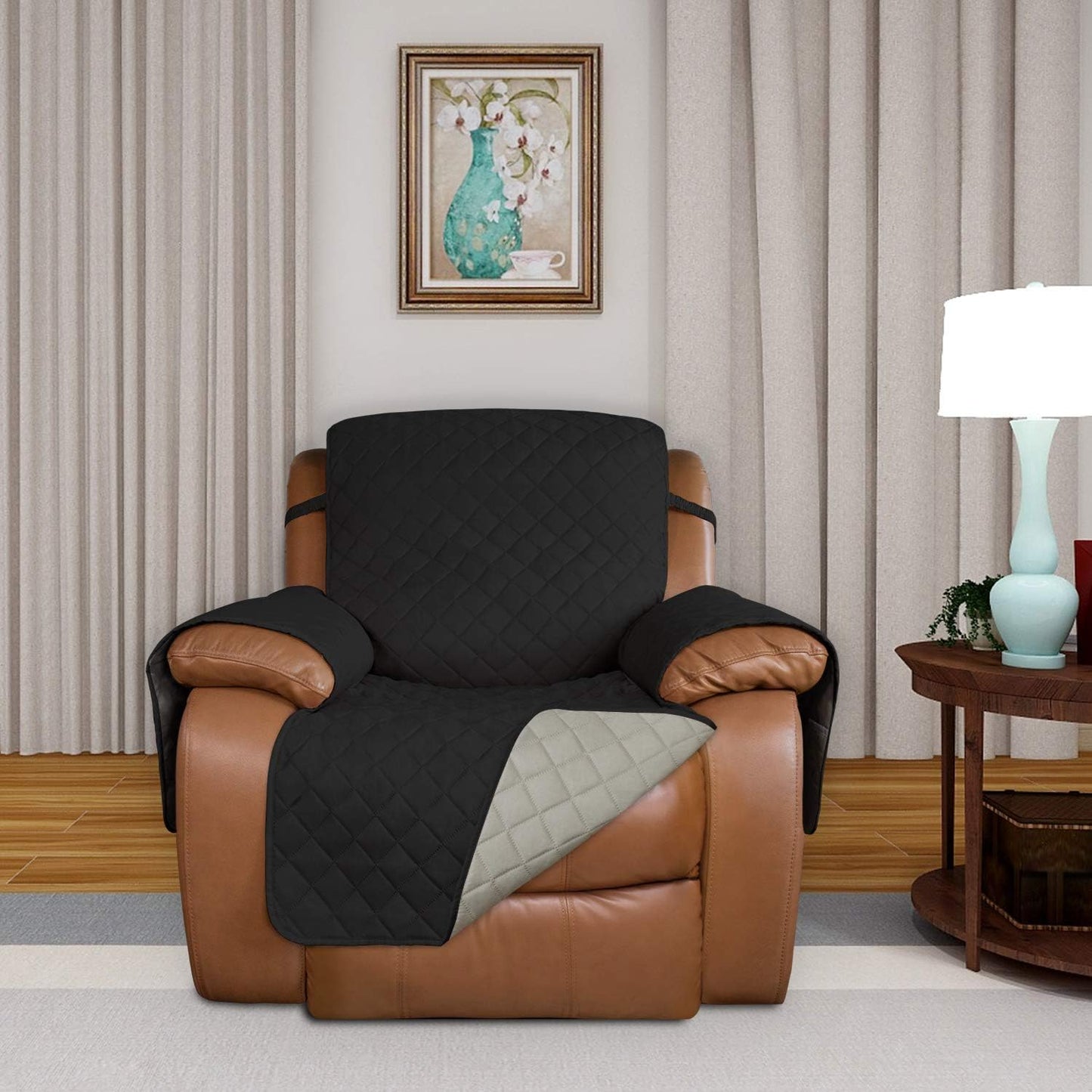 PureFit Reversible Quilted Oversized Recliner Sofa Cover, Water Resistant Furniture Protector, Washable Couch Cover with Elastic Straps for Kids, Dogs, Pets (Large, Black/Beige)