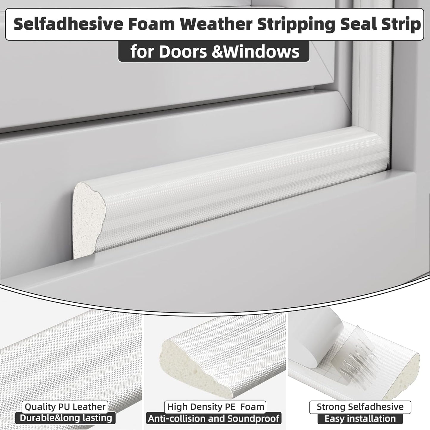 3 Pack*16.4 Ft Weather Stripping Seal Strip for Doors,Soundproofing Window Insulation Draft Stopper for Winter, Selfadhesive Foam Weather Strip for Door Frame,Door Gap Filler Noise Blocker(White)