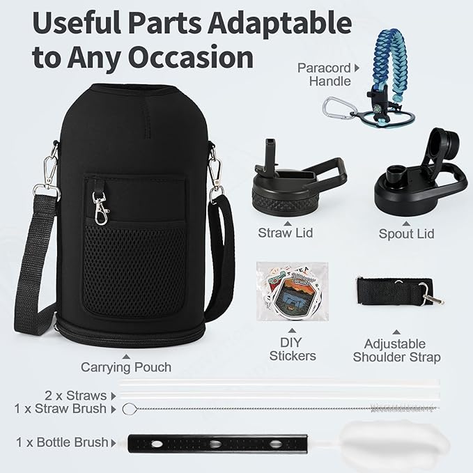 One Gallon Water Bottle Insulated, Triple Wall Vacuum Cold for 48 Hrs & Leak-proof & Non-BPA, 128oz Large Sports Stainless Steel Water Jug with Paracord Handle Straw Spout Lids & DIY Stickers