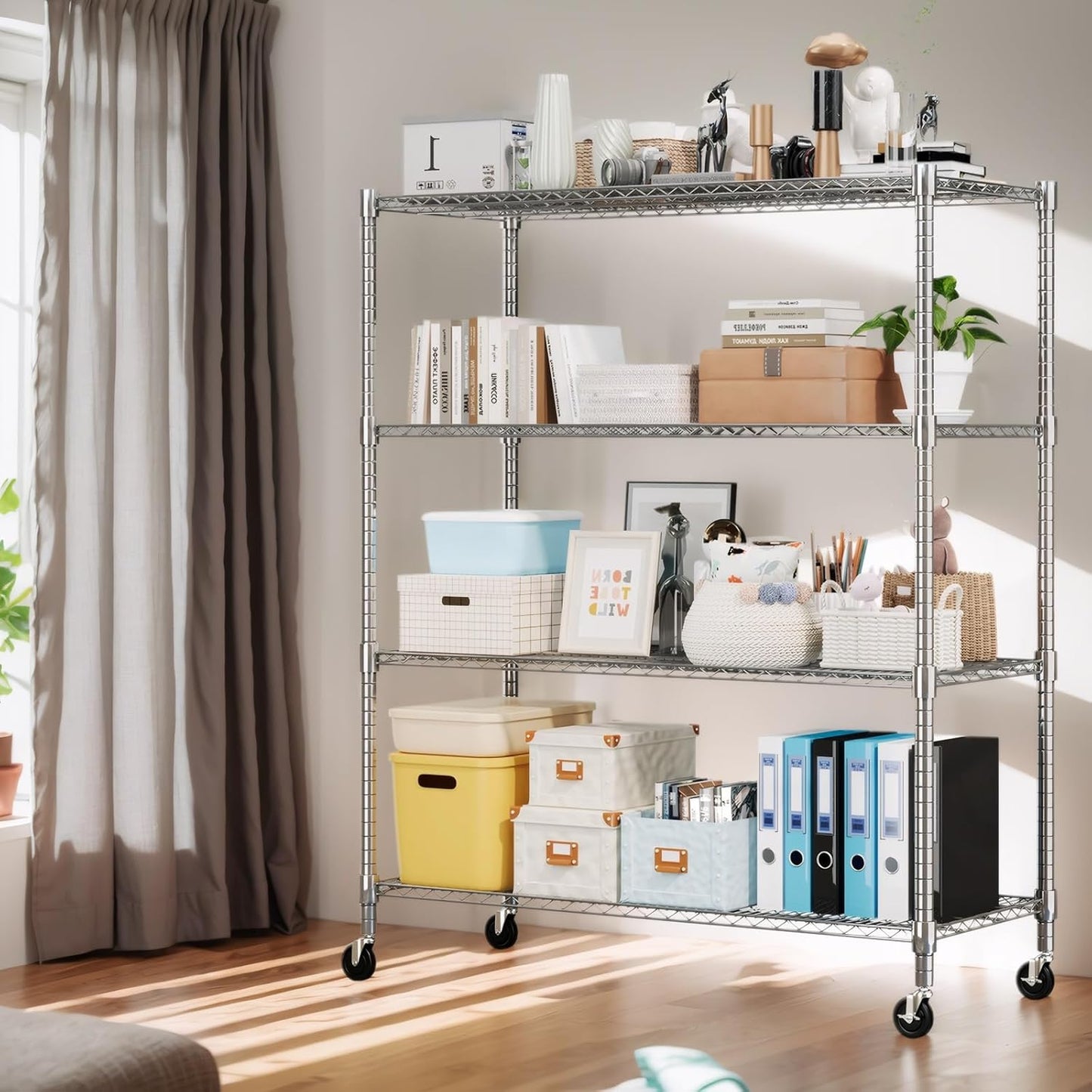 Himimi Storage Shelves 60"W Wire Shelving with Wheels 2600LBS Heavy Duty Metal Shelves for Storage, 4-Tier Adjustable Wire Rack Shelving Garage Shelving Kitchen Storage Shelves 24"Dx60"Wx72"H, Silver