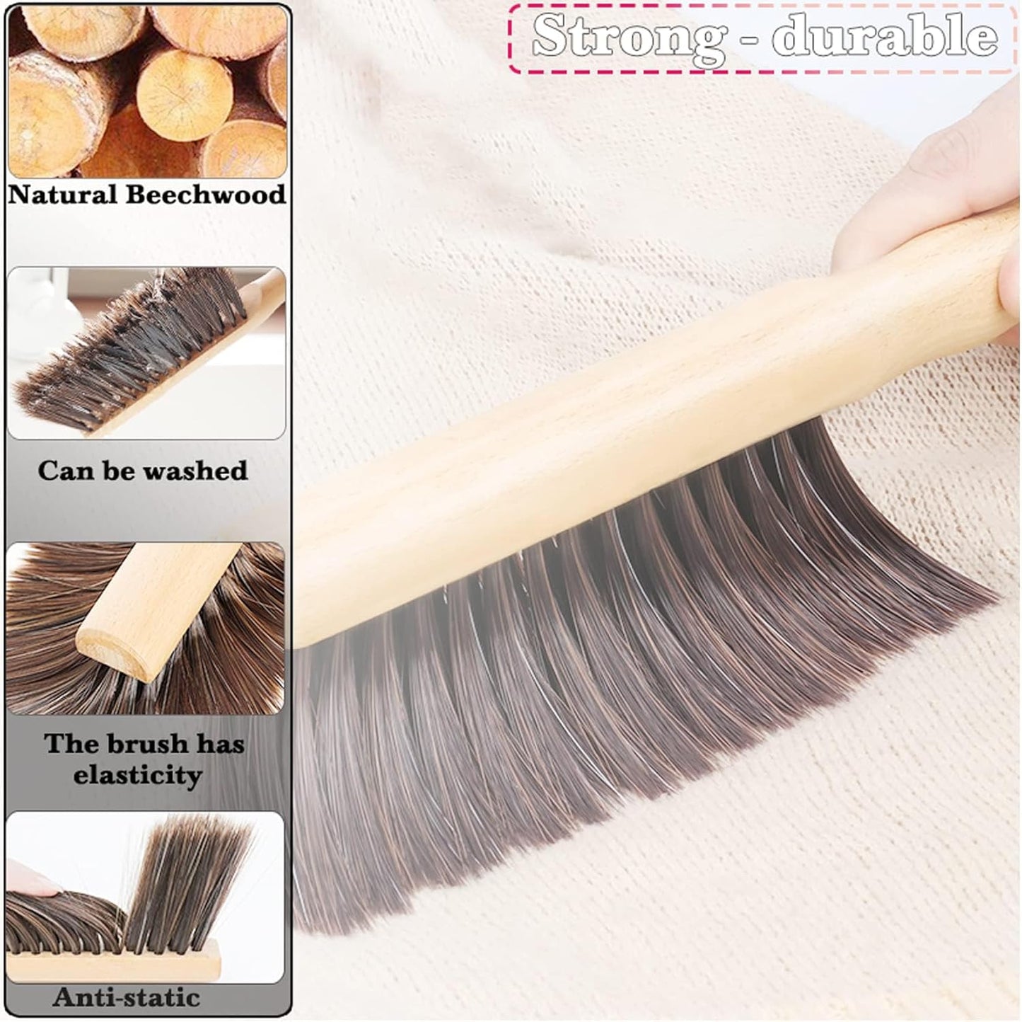 2Pcs Hand Broom Brush Beech Wood,Dust Brush,Duster for Counter,12inch Foxtail Bench Brush, Round Handle Handheld Brushes,5 Rows Soft Bristles for Bed,Shop Table,Woodworking Cleaning,Car,Sofa