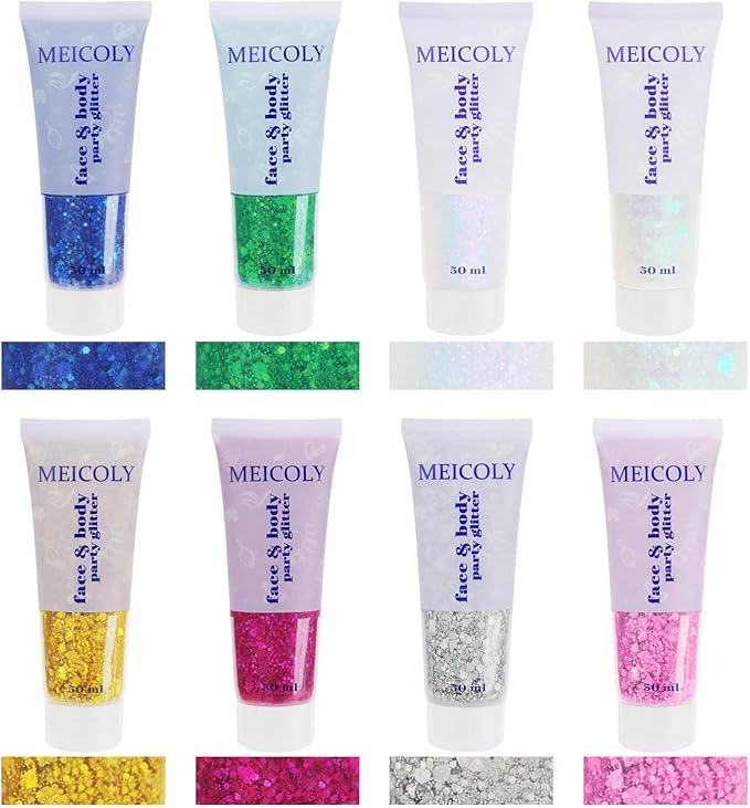 MEICOLY Purple and Clear White Face Body Glitter Set,Mermaid Face Glitter Gel,Singer Concerts Festival Rave Accessories,Sparkling Sequins Glitter Face Paint for Women and Kids,Chunky Glitter Makeup