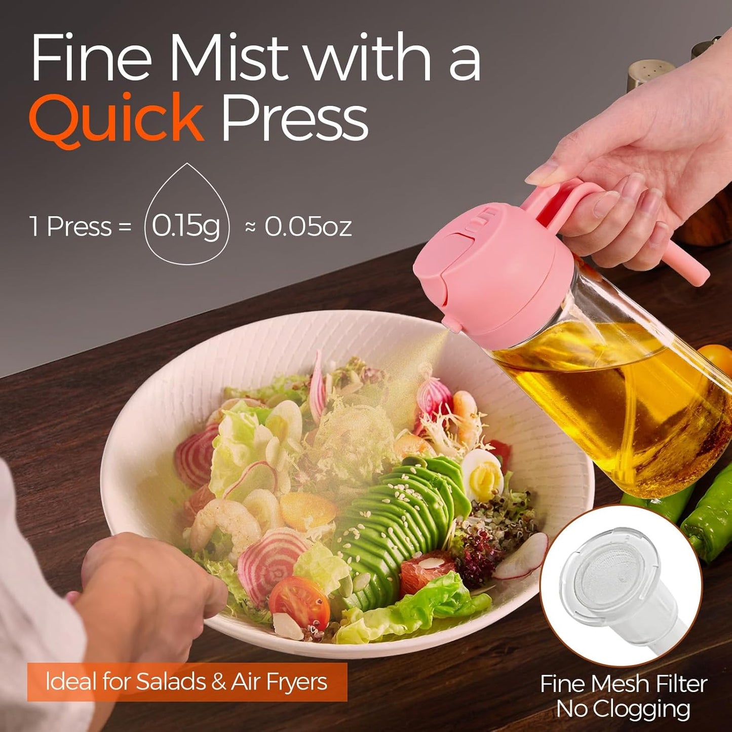 YARRAMATE 2Pcs 16oz/470ml Glass Olive Oil Sprayer for Cooking with Stickers, 2 in 1 Oil Dispenser for Kitchen Gadgets, Food Grade Premium Spray Bottle with Portion Control for Salad, BBQ (Pink&Black)