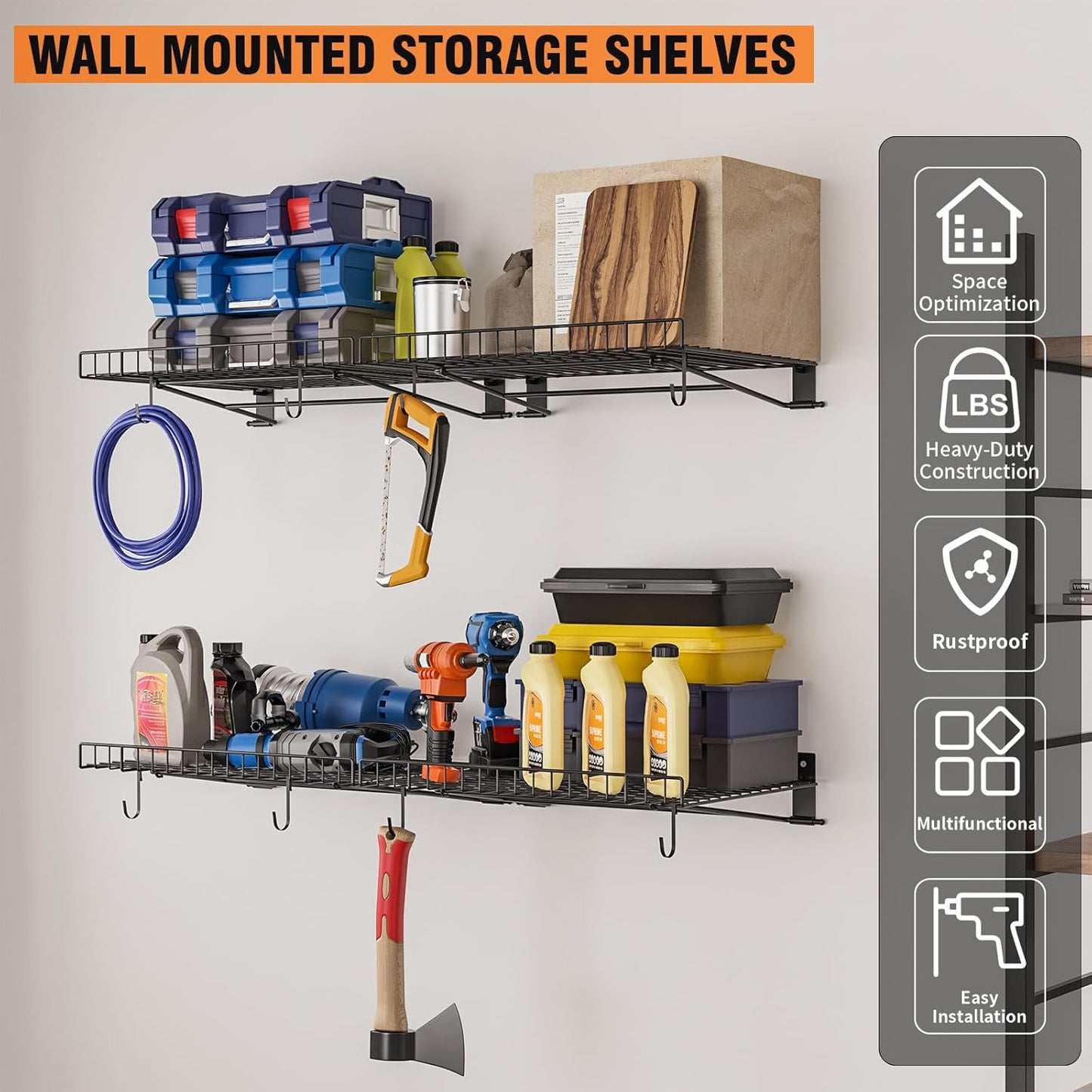 2 Pack Foldable Wall Shelf, Wall Mounted Garage Storage Shelves, Heavy Duty Wall Shelving Supports Up To 90 LBS. Floating Shelves With 4 Hooks Metal Storage Rack for Office, Kitchen and Laundry Room