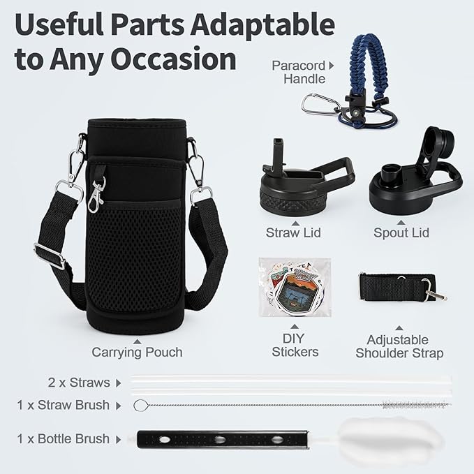 40 oz Insulated Water Bottle with Straw (Cold for 48 Hrs), Stainless Steel Triple Wall Vacuum Sports Water Jug, Leakproof Hydro Cup Flask with Paracord Handle & Straw Spout Lids & DIY Stickers