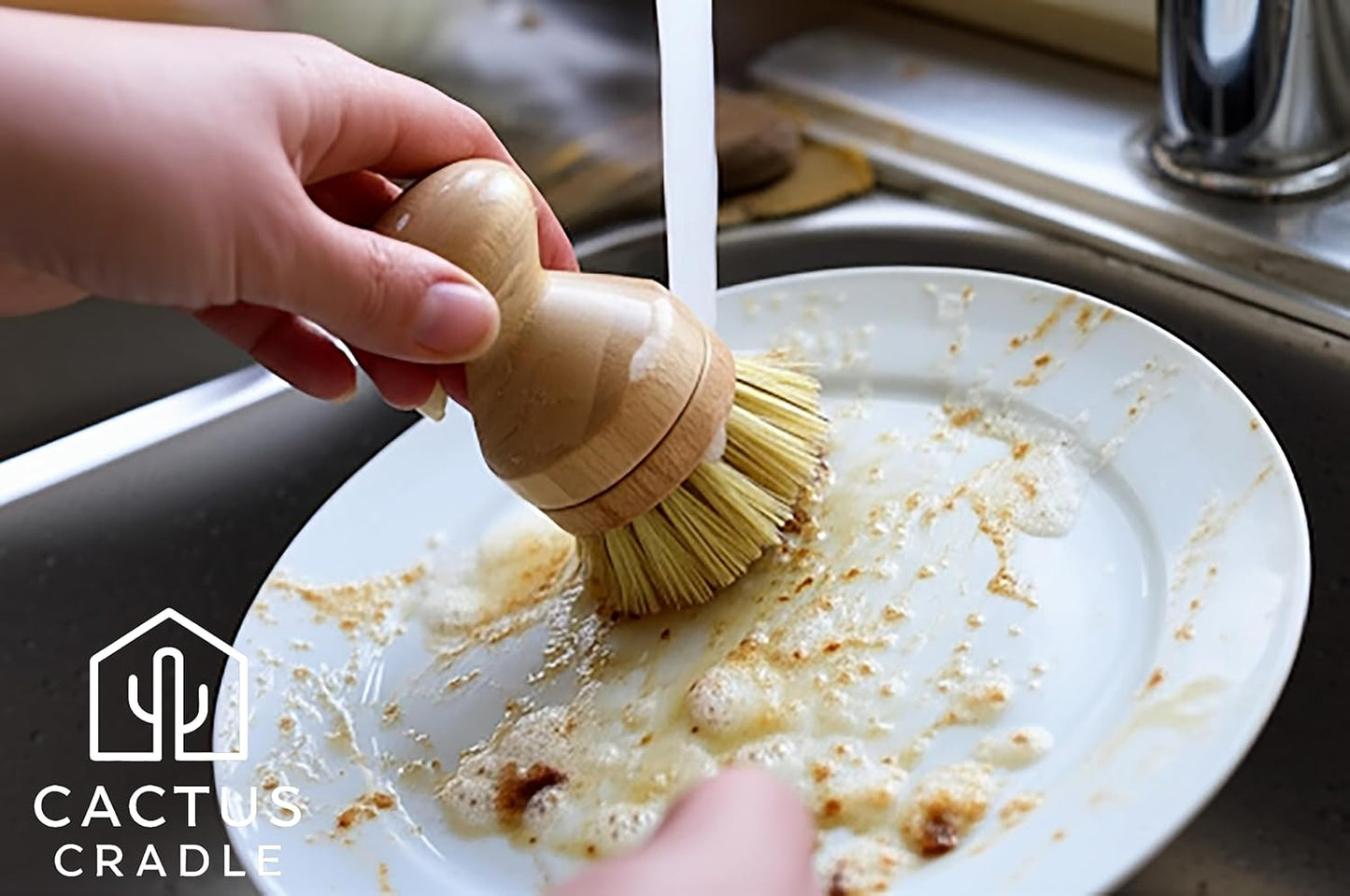 Cactus Cradle Bamboo Scrub Brush Kit – 4-Piece Dish Brush Set with 2 Handles & 2 Interchangeable Heads | Plastic-Free, Non-Toxic, Non-Scratch Cleaning for Dishes, Pots, Pans & Produce